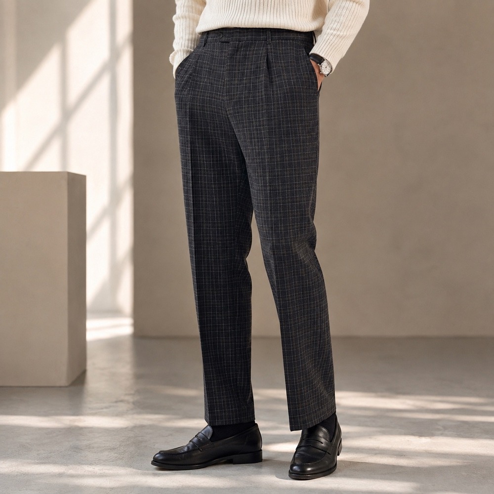 Emporio Armani Made in Italy Charcoal Grey Grid Pleated Dress Pants 38x31